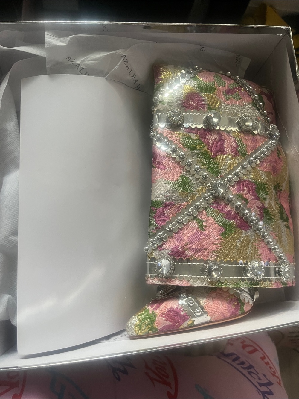 Embellished Pink Floral Over-the-Knee Stiletto Boots - Picture 3 of 4